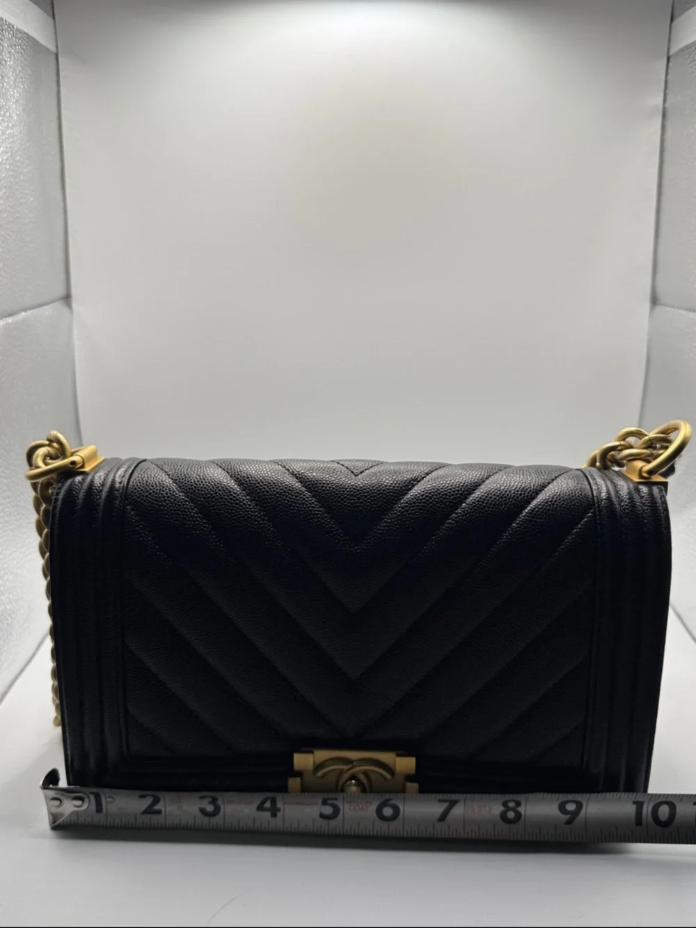CHANEL Black Chevron Quilted Boy Small Shoulder Bag with Gold Hardware